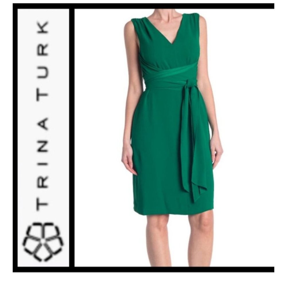 Trina Turk Dress S Small Kaori Green Belted Silky Career Church Party $268